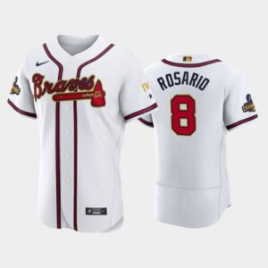 6863485c5ee28_1 Men's Atlanta Braves #8 Eddie Rosario 2022 White/Gold World Series Champions Program Flex Base Stitched Baseball Jersey