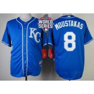68634892955e4_1 Royals #8 Mike Moustakas Blue Alternate 2 Cool Base W/2015 World Series Patch Stitched MLB Jersey