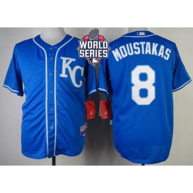 68634892955e4_1 Royals #8 Mike Moustakas Blue Alternate 2 Cool Base W/2015 World Series Patch Stitched MLB Jersey