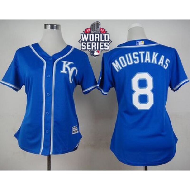 6863489b9780d_1 Royals #8 Mike Moustakas Blue Alternate 2 W/2015 World Series Patch Women's Stitched MLB Jersey