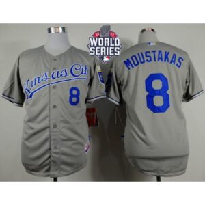 686348ba3faa0_1 Royals #8 Mike Moustakas Grey Cool Base W/2015 World Series Patch Stitched MLB Jersey