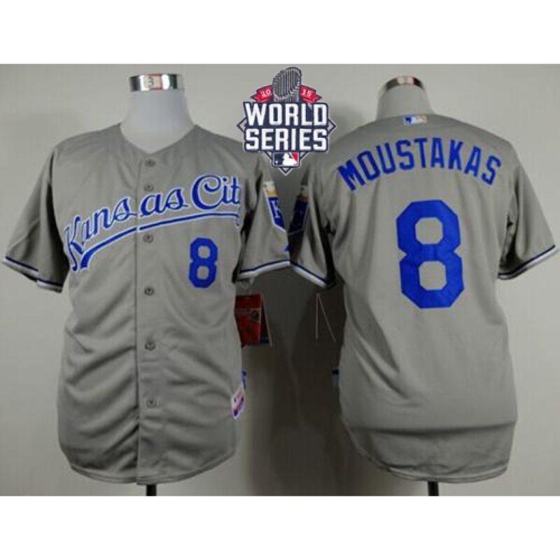 686348ba3faa0_1 Royals #8 Mike Moustakas Grey Cool Base W/2015 World Series Patch Stitched MLB Jersey