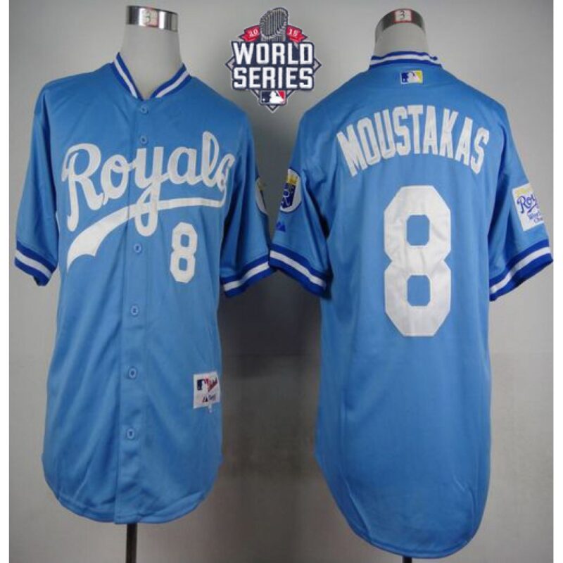 686348c6e8217_1 Royals #8 Mike Moustakas Light Blue 1985 Turn Back The Clock W/2015 World Series Patch Stitched MLB Jersey