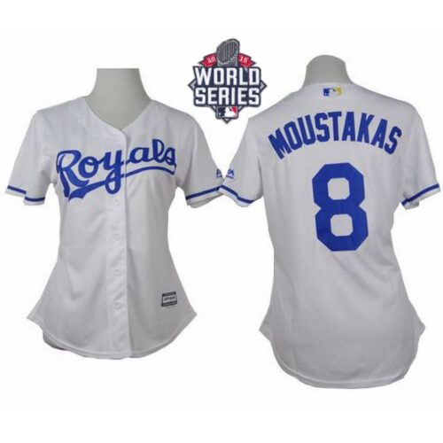6863490a08f55_1 Royals #8 Mike Moustakas White Home W/2015 World Series Patch Women's Stitched MLB Jersey