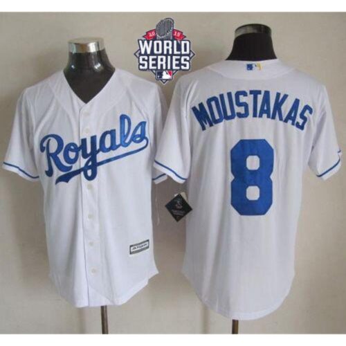 68634914b42c3_1 Royals #8 Mike Moustakas White New Cool Base W/2015 World Series Patch Stitched MLB Jersey