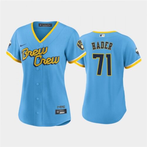 68634aedb086f_1 Women's Milwaukee Brewers #71 Josh Hader 2022 Powder Blue City Connect Cool Base Stitched Jersey(Run Small)