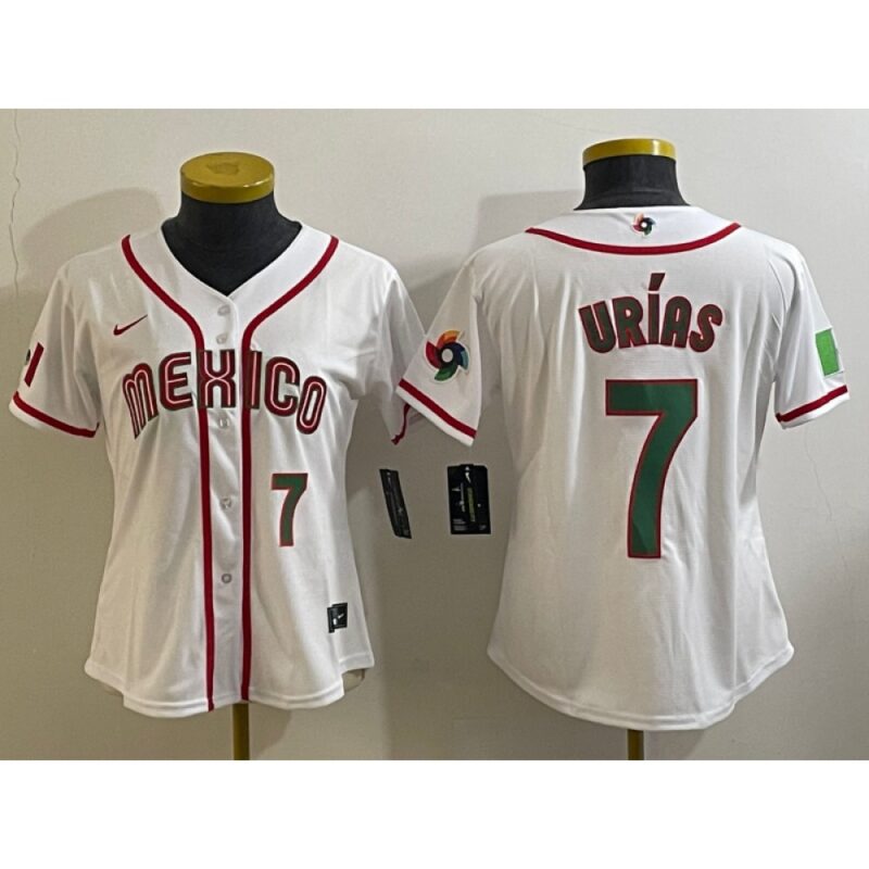 68634b18a3240_1 Women's Mexico Baseball #7 Julio Urias 2023 White World Baseball Classic With Patch Stitched Jersey(Run Small)