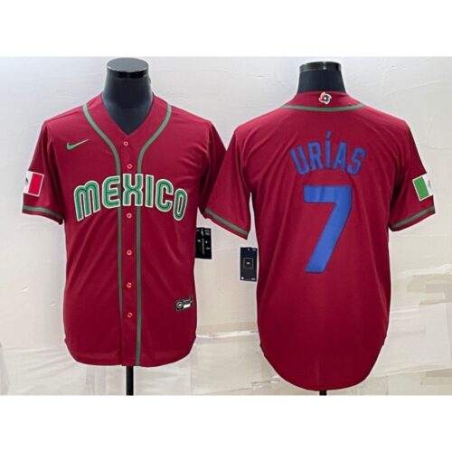 68634c60c31db_1 Men's Mexico Baseball #7 Julio Urias 2023 Red Blue World Baseball Classic Stitched Jersey