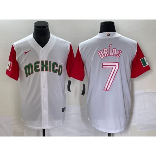 68634c8681587_1 Men's Mexico Baseball #7 Julio Urias 2023 White Red World Baseball With Patch Classic Stitched Jersey