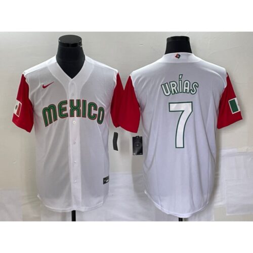 68634c8997e23_1 Men's Mexico Baseball #7 Julio Urias 2023 White Red World Baseball With Patch Classic Stitched Jersey
