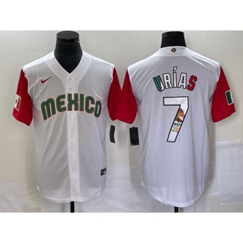 68634c8cb23a0_1 Men's Mexico Baseball #7 Julio Urias 2023 White Red World Baseball With Patch Classic Stitched Jersey