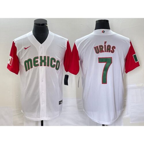 68634c9319186_1 Men's Mexico Baseball #7 Julio Urias 2023 White Red World Baseball With Patch Classic Stitched Jersey
