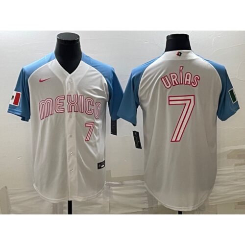 68634ca98bf7b_1 Men's Mexico Baseball #7 Julio Urias 2023 White Blue World Baseball Classic Stitched Jersey