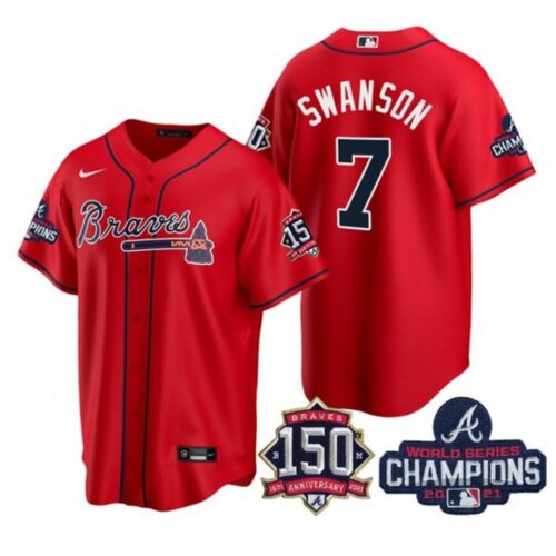 68634ccaf27a5_1 Women's Atlanta Braves #7 Dansby Swanson 2021 Red World Series Champions With 150th Anniversary Patch Cool Base Stitched Jersey(Run Small)
