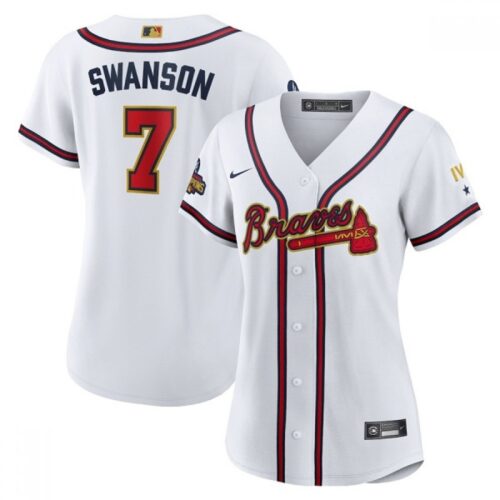 68634cd0231cf_1 Women's Atlanta Braves #7 Dansby Swanson 2022 White/Gold World Series Champions Program Stitched Jersey(Run Small)