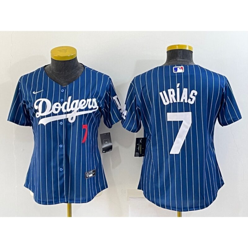 68634cf7b0aa9_1 Women's Los Angeles Dodgers #7 Julio Urias Navy/Gold Stitched Baseball Jersey(Run Small)