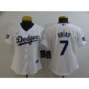 68634d1096ba4_1 Women's Los Angeles Dodgers #7 Julio Urias White Gold Championship Cool Base Stitched Jersey(Run Small)
