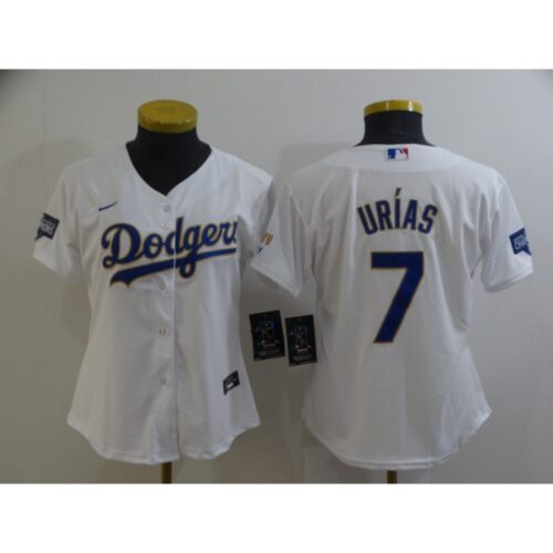 68634d1096ba4_1 Women's Los Angeles Dodgers #7 Julio Urias White Gold Championship Cool Base Stitched Jersey(Run Small)
