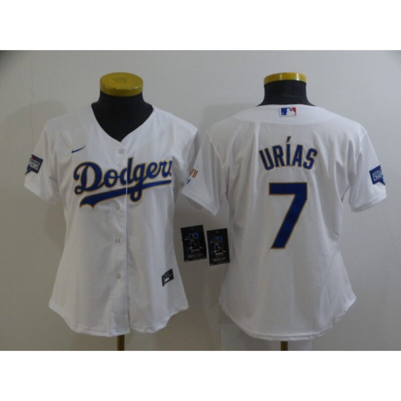 68634d1096ba4_1 Women's Los Angeles Dodgers #7 Julio Urias White Gold Championship Cool Base Stitched Jersey(Run Small)