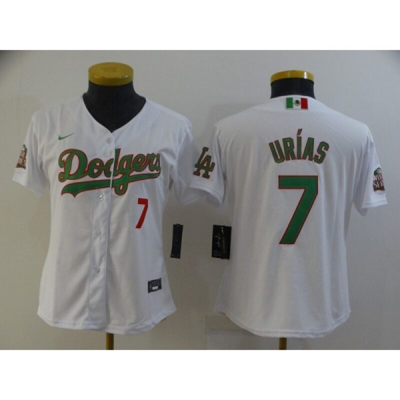 68634d1350126_1 Women Los Angeles Dodgers #7 Julio Urias White Green 2020 World Series Stitched Jersey