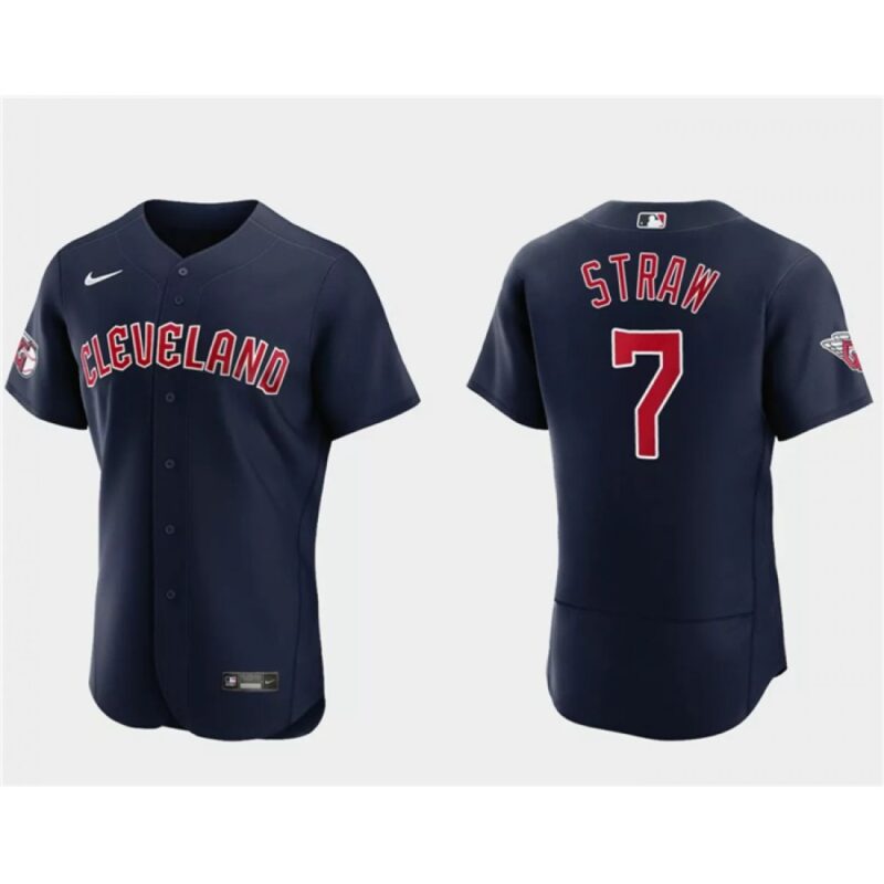 68634e4e3f476_1 Men's Cleveland Guardians #7 Myles Straw Navy Flex Base Stitched Jersey