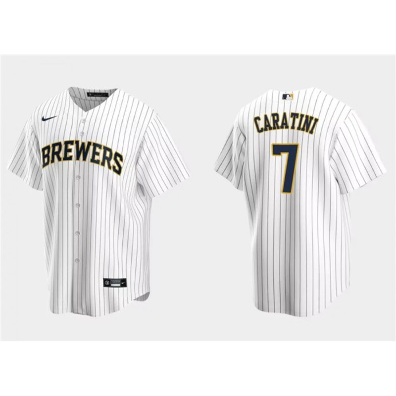 68634eb10e600_1 Men's Milwaukee Brewers #7 Victor Caratini White Cool Base Stitched Jersey