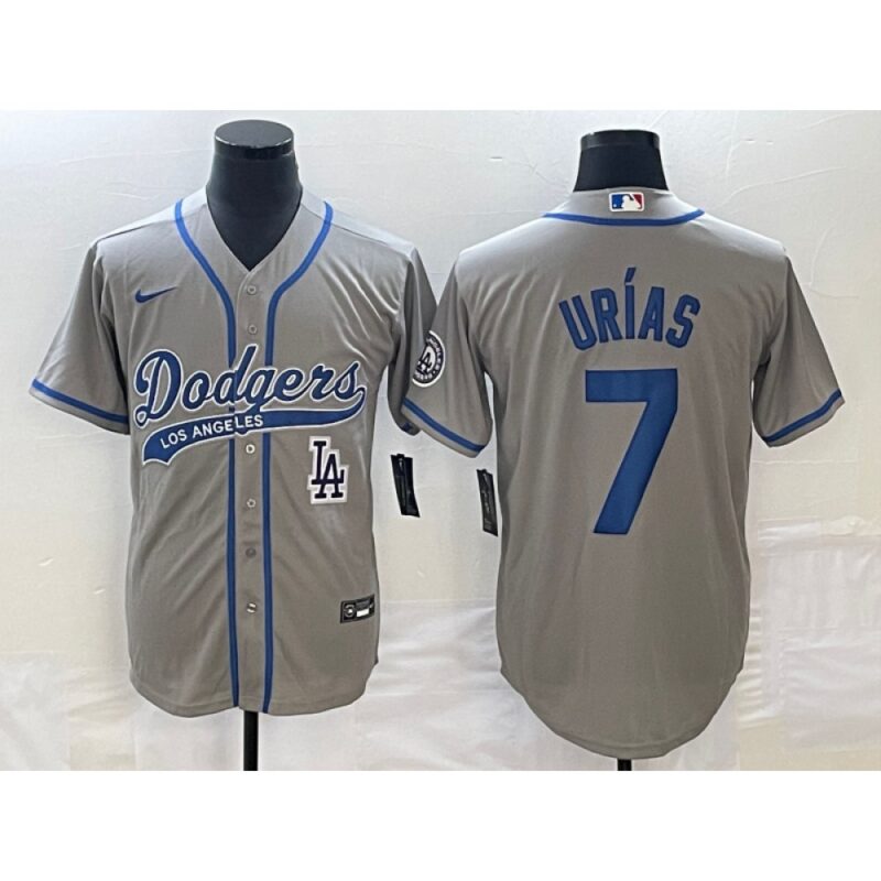 68634f505792c_1 Men's Los Angeles Dodgers #7 Julio Urias Gray With Patch Cool Base Stitched Baseball Jersey