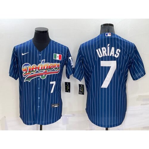 68634f8a62bc9_1 Men's Los Angeles Dodgers #7 Julio Urias Navy Mexico Rainbow Cool Base Stitched Baseball Jersey