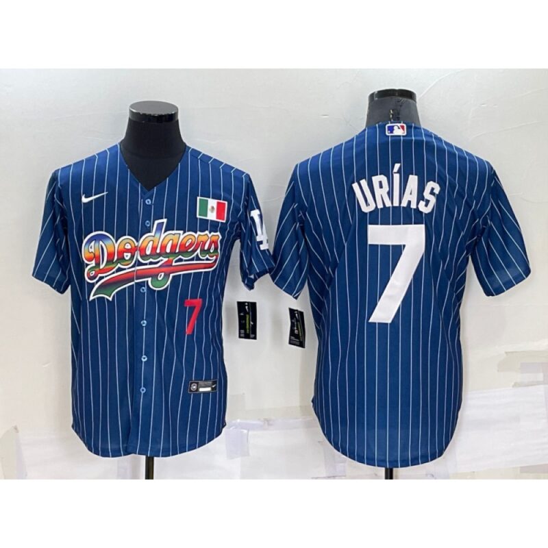 68634f8dc2849_1 Men's Los Angeles Dodgers #7 Julio Urias Navy Mexico Rainbow Cool Base Stitched Baseball Jersey