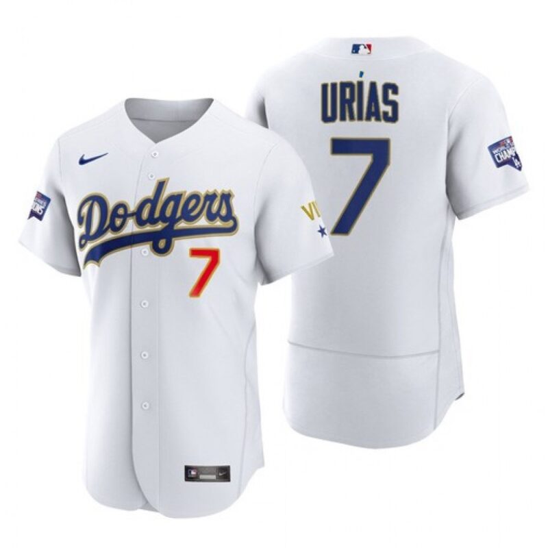 68634fcd88621_1 Men's Los Angeles Dodgers #7 Julio Urias White Gold Championship Flex Base Sttiched MLB Jersey