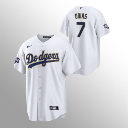 68634fd16301b_1 Men's Los Angeles Dodgers #7 Julio Urias White Champions Patch Gold Program Cool Base Stitched Jersey
