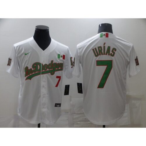 68634fd57c2b5_1 Men's Los Angeles Dodgers #7 Julio Urias White/Green Cool Base Stitched Baseball Jersey