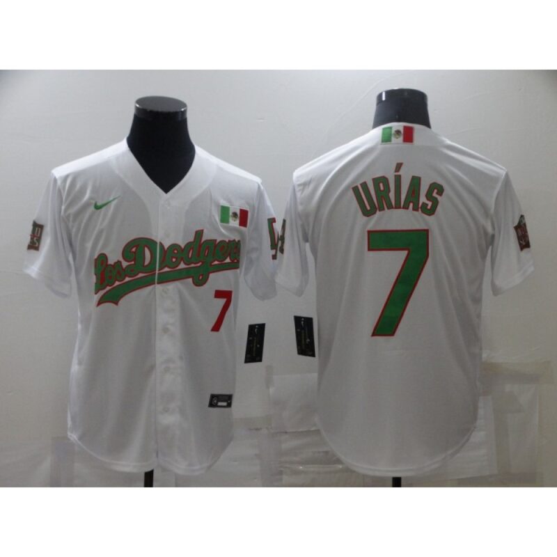 68634fd57c2b5_1 Men's Los Angeles Dodgers #7 Julio Urias White/Green Cool Base Stitched Baseball Jersey