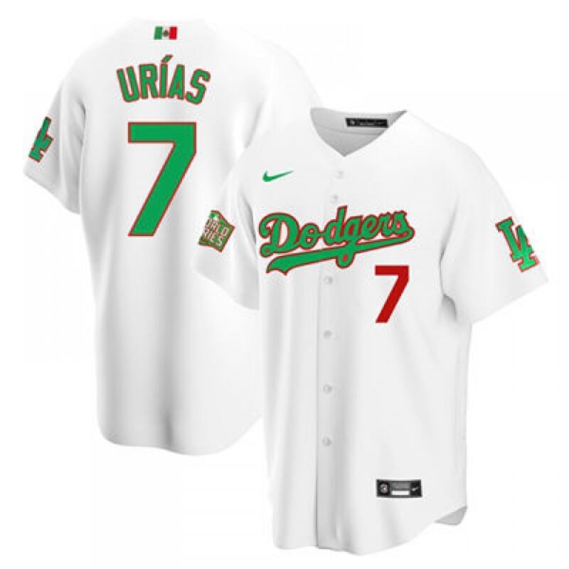 68634fda736a1_1 Men's Los Angeles Dodgers White #7 Julio Urias White Green Mexico 2020 World Series Stitched Jersey