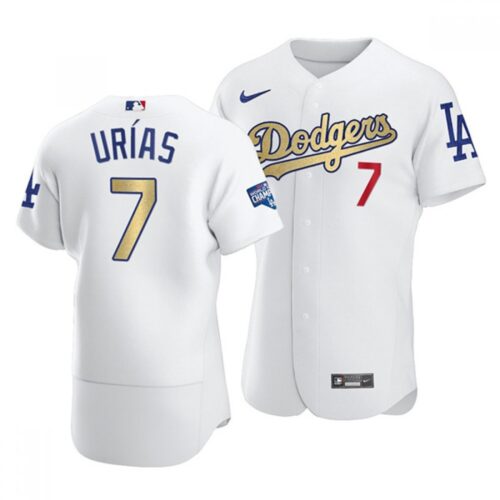 686350066942f_1 Men's Los Angeles Dodgers #7 Julio Urias 2021 White Gold World Series Champions Patch Sttiched Jersey