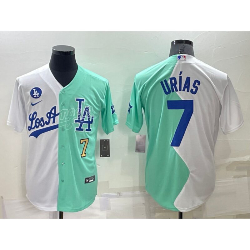 68635009a48a6_1 Men's Los Angeles Dodgers #7 Julio Urias 2022 All-Star White/Green Cool Base Stitched Baseball Jersey