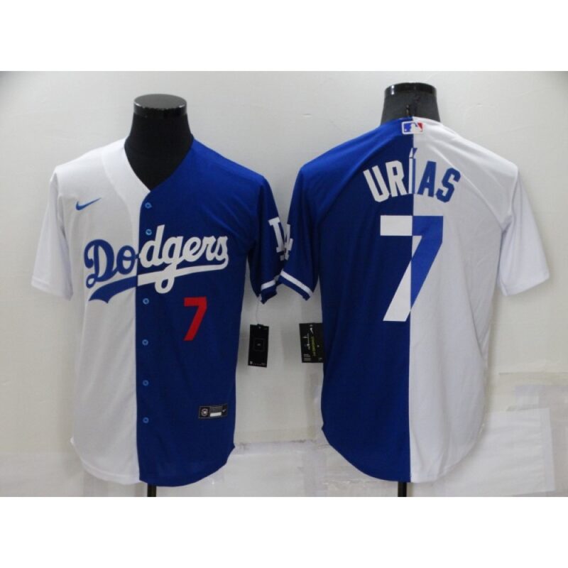68635016d7b53_1 Men's Los Angeles Dodgers #7 Julio Urias White/Blue Split Cool Base Stitched Baseball Jersey