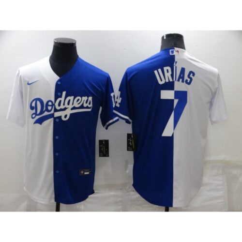 68635019f2a6e_1 Men's Los Angeles Dodgers #7 Julio Urias White/Blue Split Cool Base Stitched Baseball Jersey