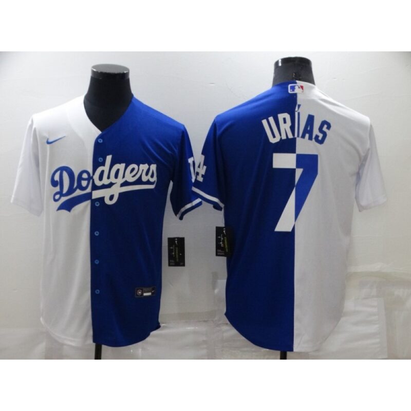 68635019f2a6e_1 Men's Los Angeles Dodgers #7 Julio Urias White/Blue Split Cool Base Stitched Baseball Jersey