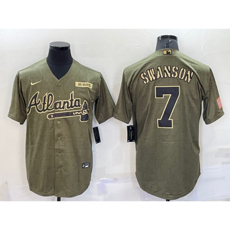 686350ba5223d_1 Men's Atlanta Braves #7 Dansby Swanson Green Salute To Service Cool Base Stitched Jersey