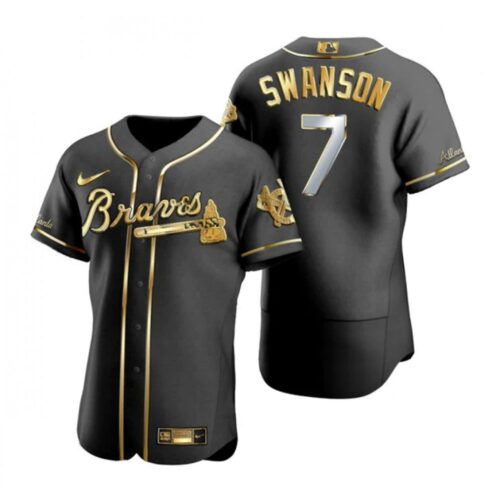 686350c0d7b4f_1 Men's Atlanta Braves #7 Dansby Swanson Black Golden Flex Base Stitched Jersey
