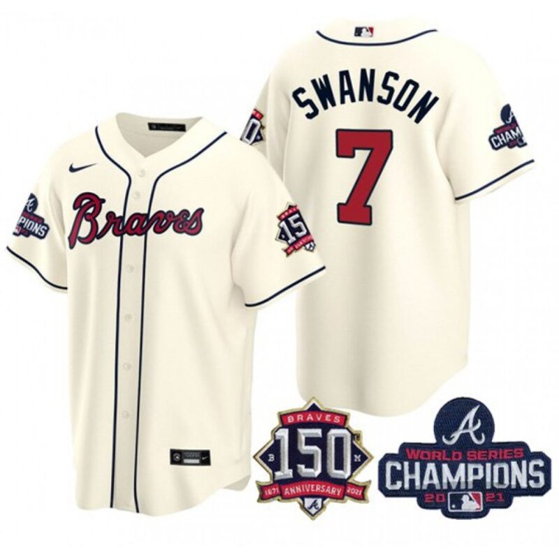 686350c703b32_1 Men's Atlanta Braves #7 Dansby Swanson 2021 Cream World Series Champions With 150th Anniversary Patch Cool Base Stitched Jersey