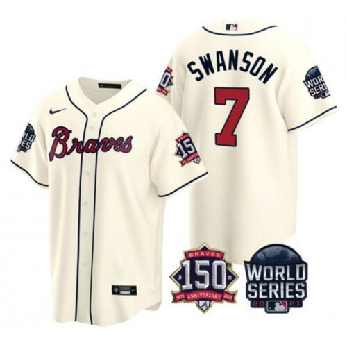 686350ca2d664_1 Men's Atlanta Braves #7 Dansby Swanson 2021 Cream World Series With 150th Anniversary Patch Cool Base Stitched Jersey