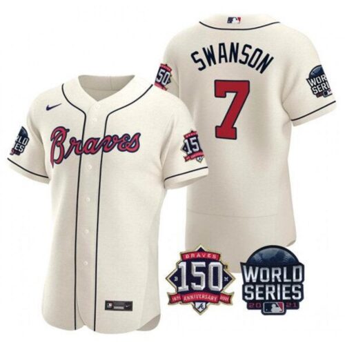 686350d0c4716_1 Men's Atlanta Braves #7 Dansby Swanson 2021 Cream World Series With 150th Anniversary Patch Stitched Baseball Jersey