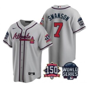 686350d4018c3_1 Men's Atlanta Braves #7 Dansby Swanson 2021 Gray World Series With 150th Anniversary Patch Cool Base Stitched Jersey