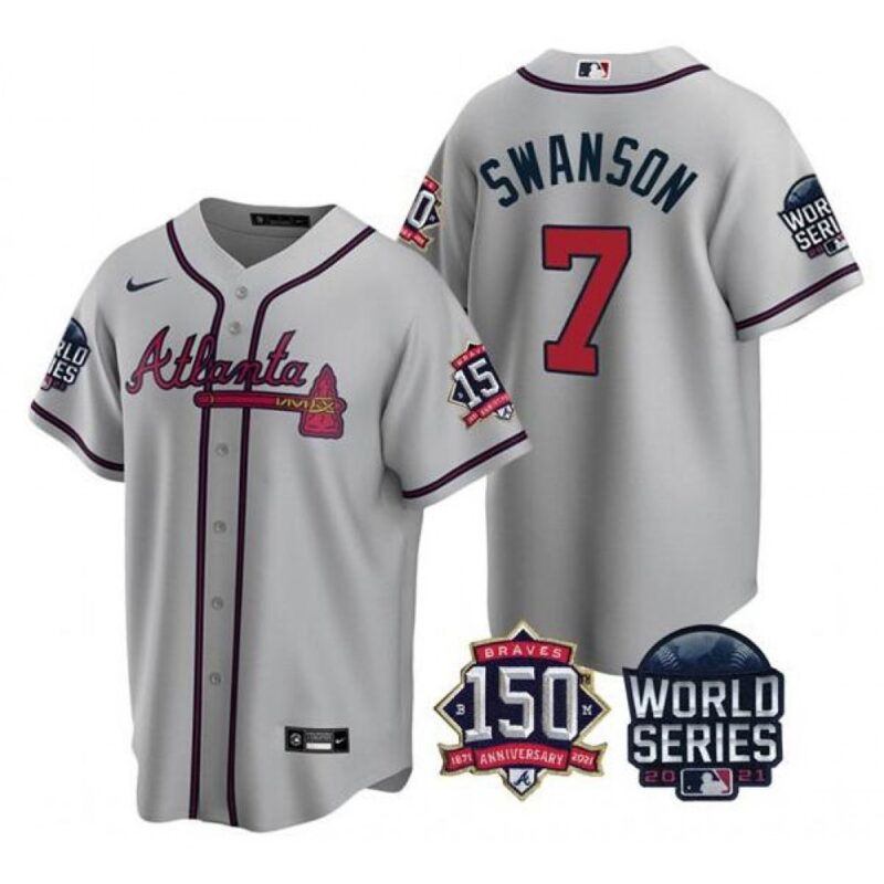686350d4018c3_1 Men's Atlanta Braves #7 Dansby Swanson 2021 Gray World Series With 150th Anniversary Patch Cool Base Stitched Jersey