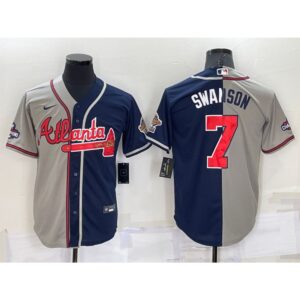 686350d73fa10_1 Men's Atlanta Braves #7 Dansby Swanson Gray Navy Two Tone Split Cool Base Stitched Baseball Jersey