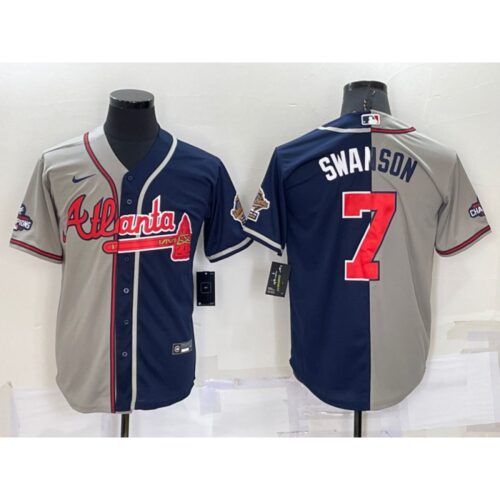 686350d73fa10_1 Men's Atlanta Braves #7 Dansby Swanson Gray Navy Two Tone Split Cool Base Stitched Baseball Jersey