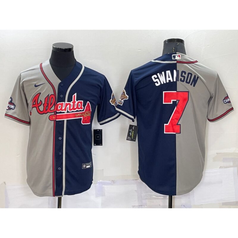 686350d73fa10_1 Men's Atlanta Braves #7 Dansby Swanson Gray Navy Two Tone Split Cool Base Stitched Baseball Jersey