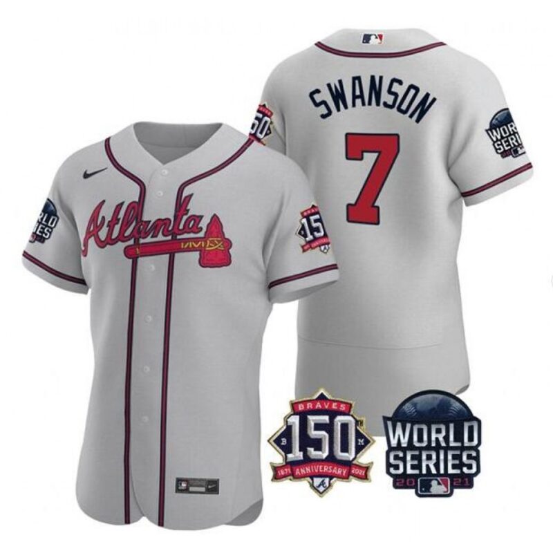 686350da6d21c_1 Men's Atlanta Braves #7 Dansby Swanson 2021 Gray World Series With 150th Anniversary Patch Stitched Baseball Jersey